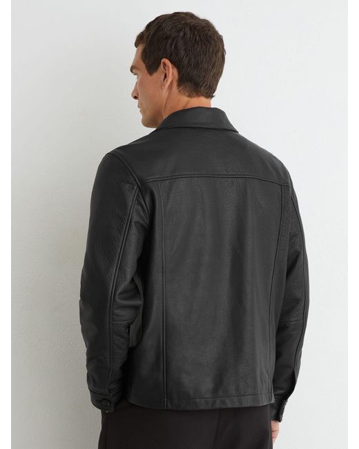 Reiss Gray Leather Collared Zip-Through Jacket for men