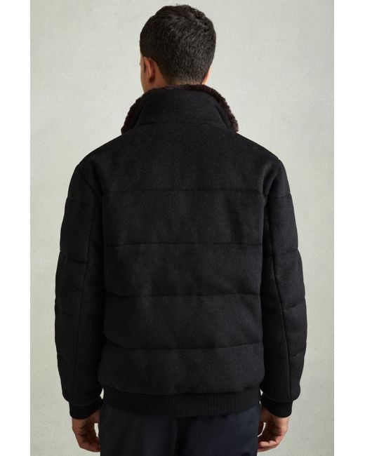 Reiss Black Melange Quilted Wool Blend Herringbone And Faux Fur Jacket for men