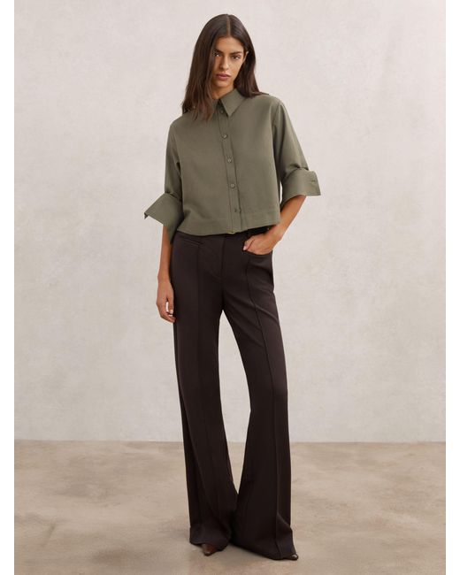 Reiss Brown Caylan - Khaki Green Cotton And Wool Cropped Shirt, Us 12