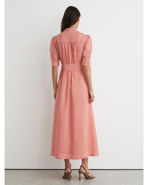 Reiss Poppy - Pink Short-sleeve Waisted Midi Dress, Us 0