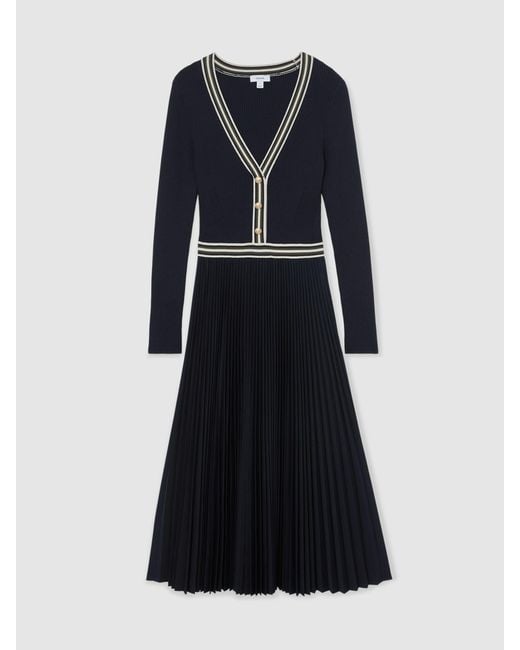 Reiss Black Rib-Knit Stripe-Trim Pleated Midi Dress