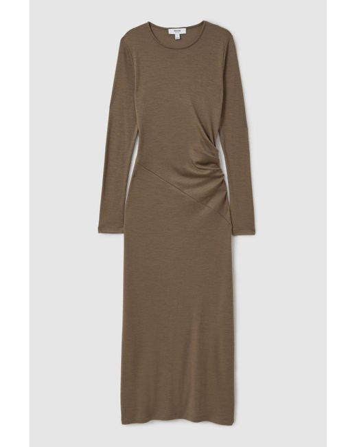 Reiss Natural Petite Wool Ruche Detail Midi Dress