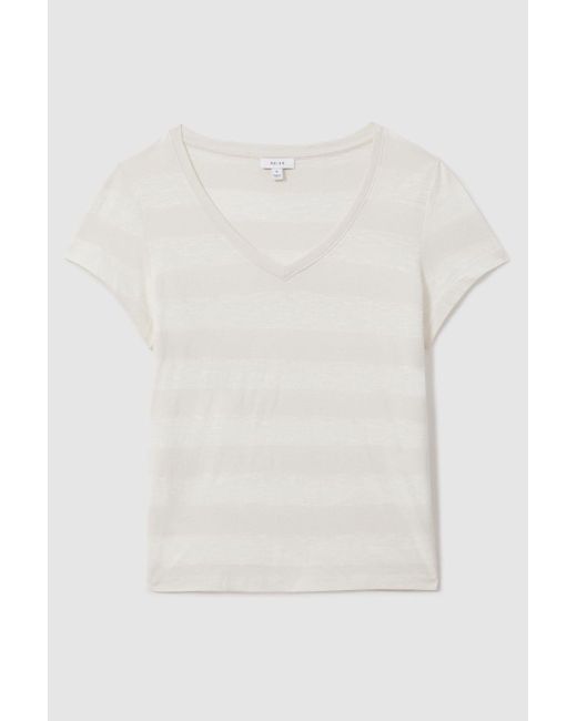 Reiss Natural Nola - Neutral/ivory Linen-cotton Striped V-neck T-shirt