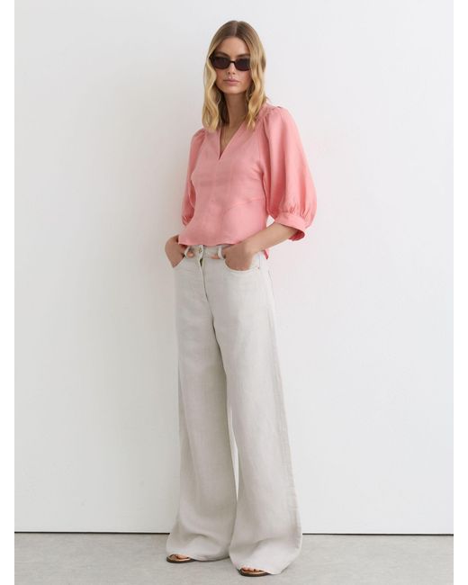 Reiss Pink Linen Balloon-Sleeve Top