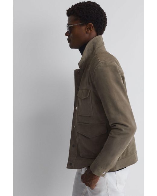 Reiss Brown Ballina - Sage Suede Pocket Front Jacket for men