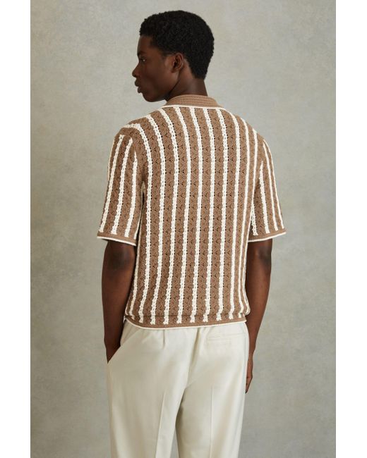 Reiss Natural Spritz - Camel/white Oversized Crochet Striped Cuban Collar Shirt for men