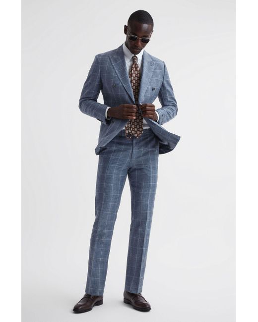 Reiss Blue Aintree - Indigo Slim Fit Wool Linen Check Trousers for men