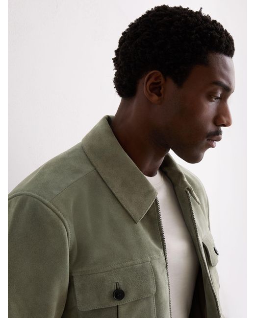 Reiss Daventry - Green Suede Four-pocket Zip-through Jacket, L for men