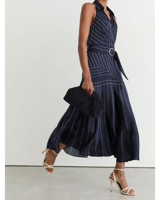 Reiss Blue Striped Sleeveless Collared Midi Dress