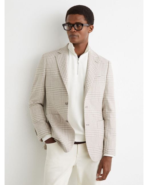 Reiss Natural Bardo - Soft Grey Cotton And Wool Single-breasted Blazer Classic-fit In Check, 44 for men