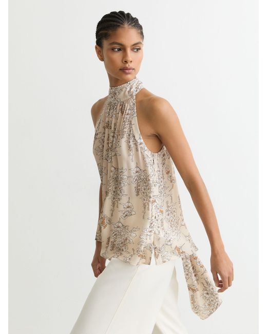 Reiss Natural Floral-Print Scarf-Neck Top