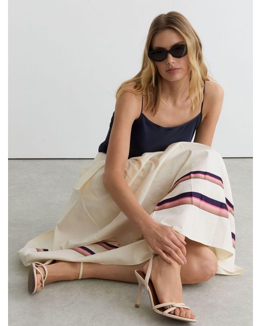 Reiss White Rian - Cream Cotton Stripe-detail Belted Midi Skirt, Us 2