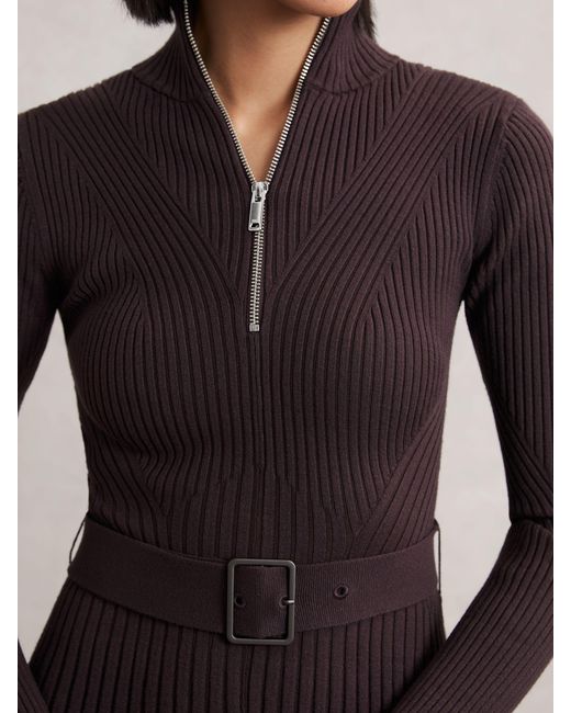 Reiss Multicolor Rib-Knit Belted Half-Zip Flippy Dress