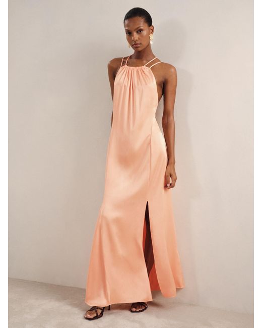 Reiss Brown Tallie - Peach Petite Satin Halterneck Maxi Dress, Us 10