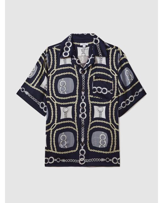 Reiss Blue Chain Print Cuban Collar Shirt for men