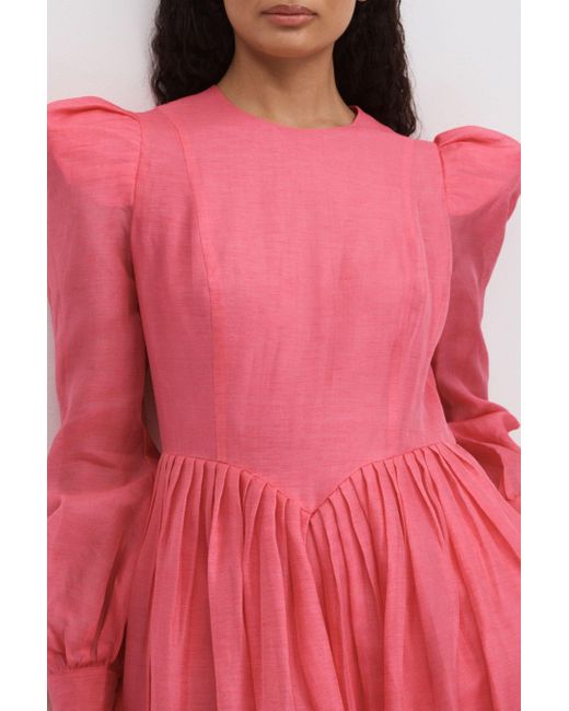LEO LIN Pink Leo Silk-linen Bishop Sleeve Midi Dress