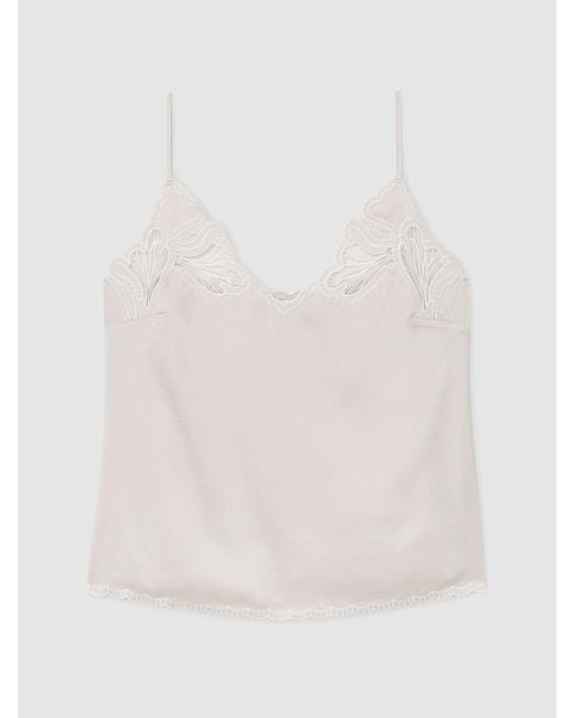 Reiss Natural Joanie - Neutral Satin Lace-detail Cami Top, Us 14