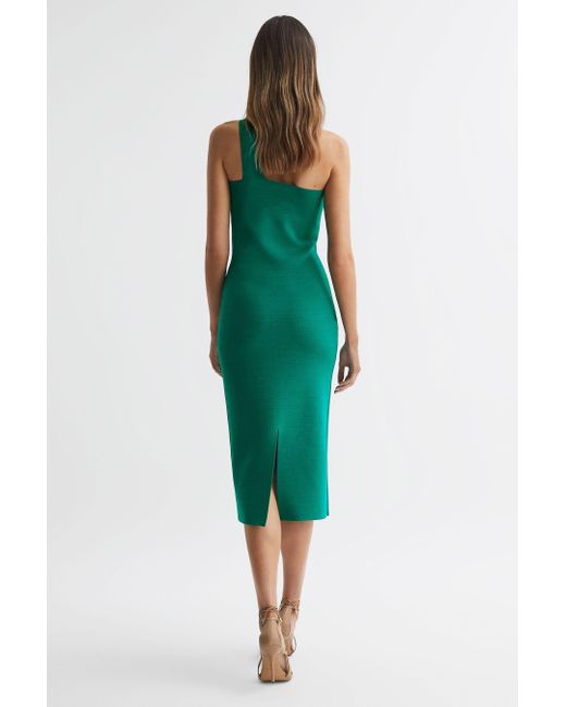 Reiss Lola - Green Knitted One Shoulder Bodycon Midi Dress, S