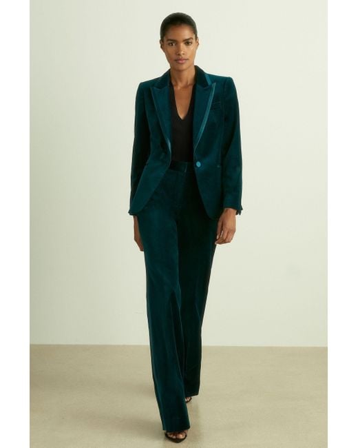 Reiss Green Parisa - Teal Petite Cotton Velvet Flared Trousers