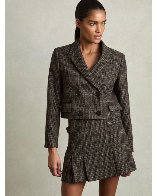 Reiss Brown Double-Breasted Tweed Cropped Blazer