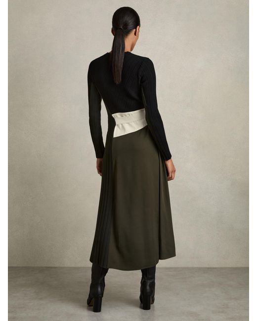Reiss Natural Khaki & Rib Knit Belted Midi Dress