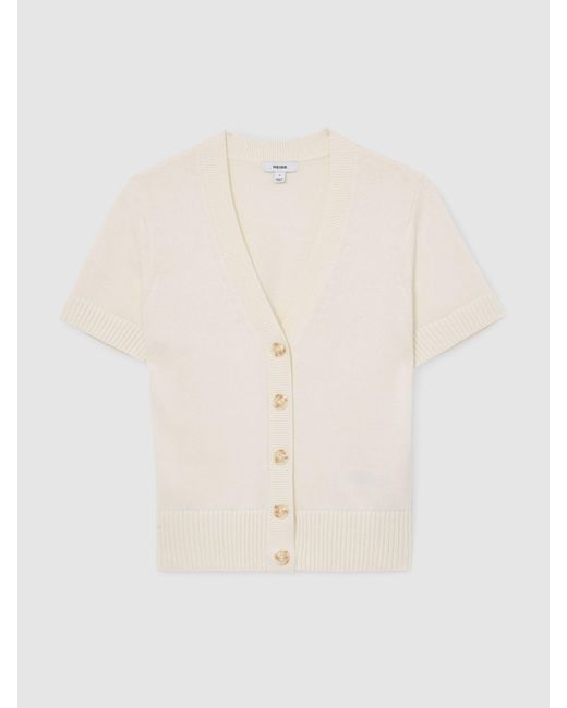 Reiss White V-Neck Short-Sleeve Cardigan Cotton-Wool
