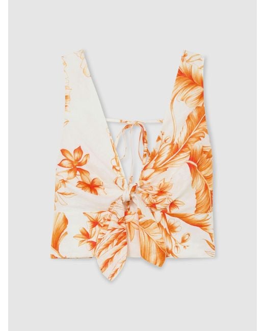 Reiss White Milly - Ivory/orange Linen Floral Print Tie Front Top, Us 14