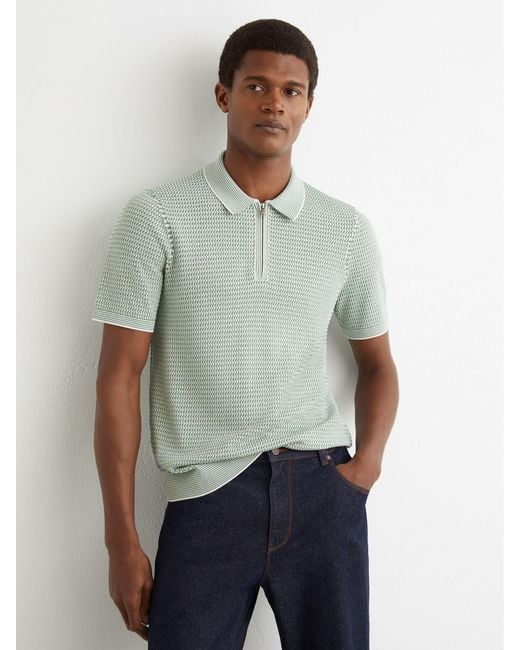 Reiss Brink - Soft Sage Green Textured-knit Half-zip Polo Shirt, S for men
