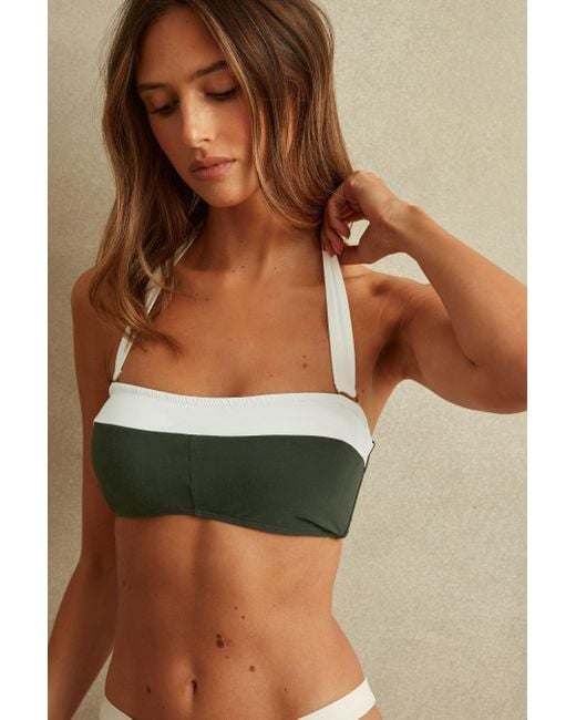 Reiss Brown Nala - Dark Green/white Contrast Trim Removable Strap Underwired Bikini Top