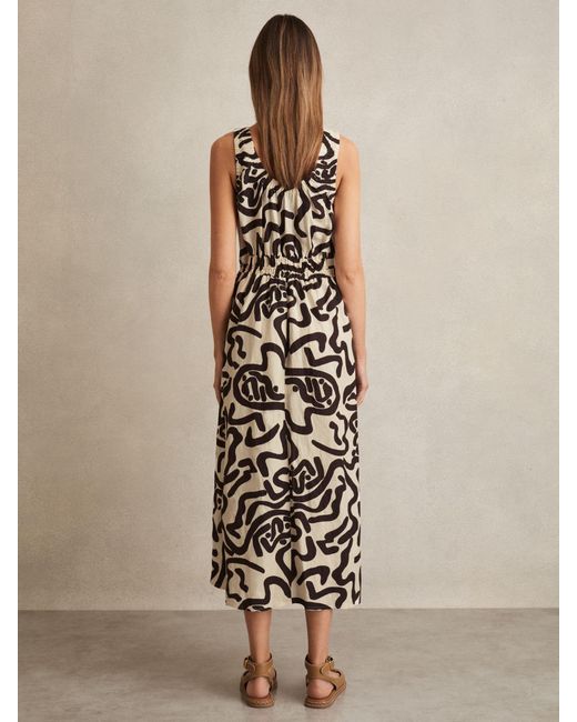 Reiss Natural Akari - Brown/ivory Linen-blend Printed Shirred Midi Dress, Us 10