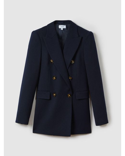 Reiss Blue Tailored Textured Wool Blend Double Breasted Blazer