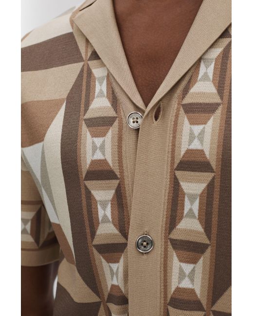Reiss White Beresford - Camel Multi Knitted Cuban Collar Shirt for men