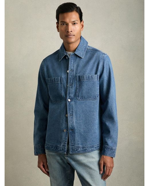 Reiss Blue Cotton-Denim Button-Through Overshirt for men
