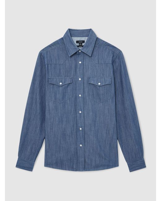 Reiss Blue Denim Western Press-Stud Shirt Regular-Fit for men