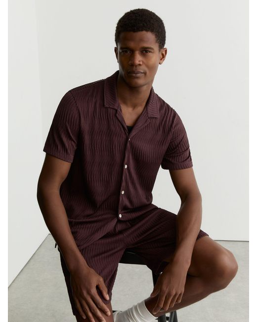 Reiss Brown Textured-Wave Cuban-Collar Shirt for men