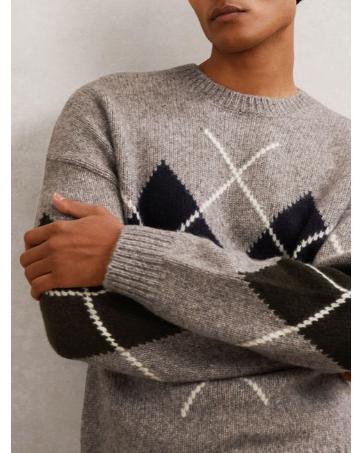 Reiss Gray Wool-Blend Crew-Neck Argyle Jumper for men