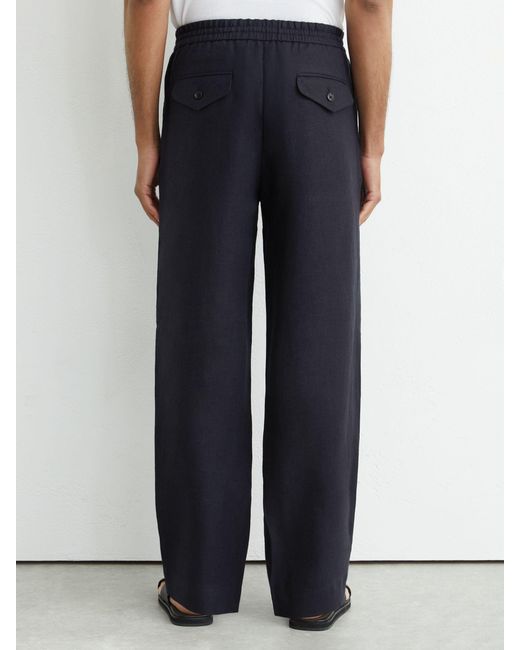 Reiss Blue Linen Relaxed-Fit Drawstring Trousers for men