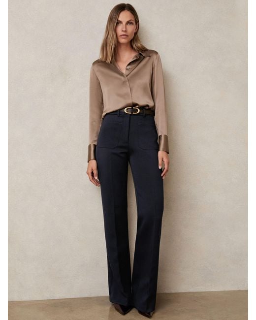 Reiss Blue Twill Patch-Pocket Flared Trousers