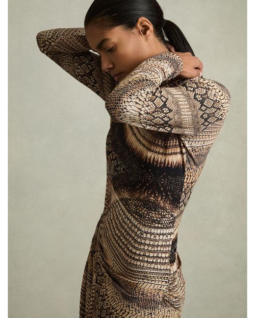 Reiss Natural Naomi - Brown Snake-print Draped Midi Dress, S (us 4-6)