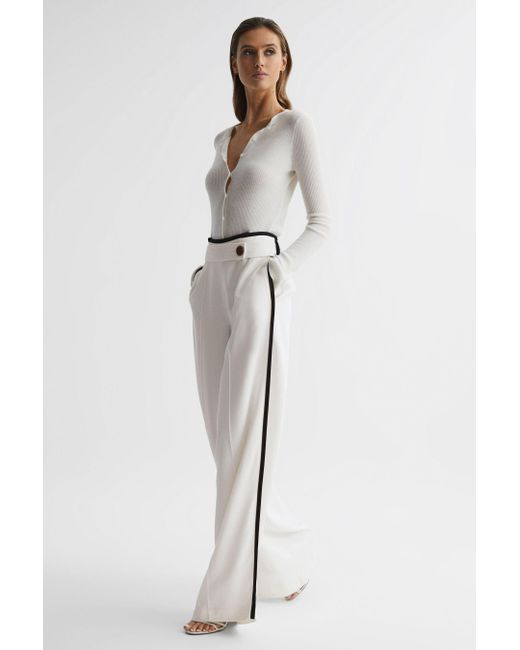 Reiss Natural Lina - Cream High Rise Wide Leg Trousers, Us 6l
