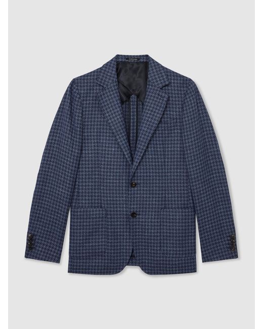 Reiss Blue Wool-Blend Single-Breasted Check Blazer With Linen for men
