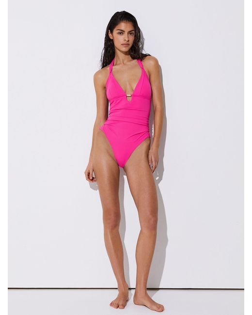 Reiss Nadine - Pink Pleat-detail Halterneck Swimsuit, Us 10