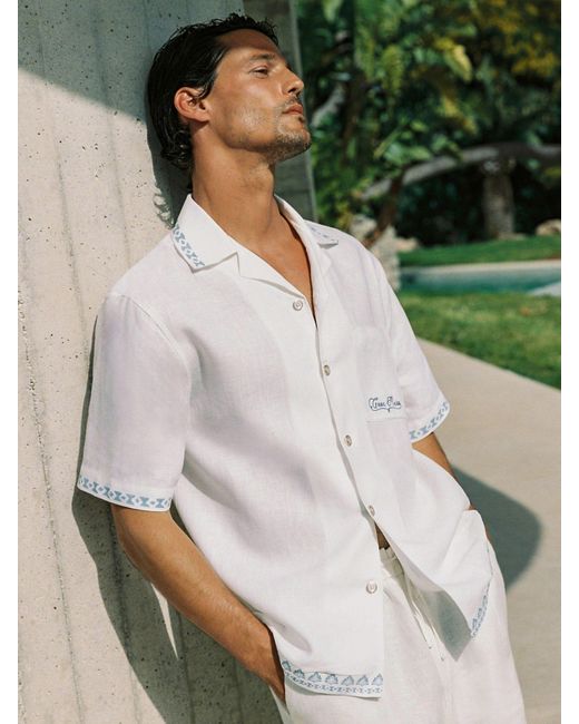 Reiss White Cotton-Linen Slogan-Print Shirt for men