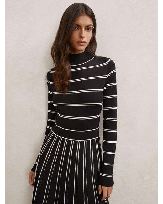 Reiss Natural Stripe Pleated Knitted Midi Dress
