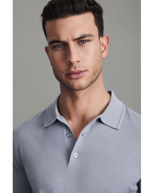Reiss Gray Manor - China Blue Slim Fit Merino Wool Polo Shirt for men