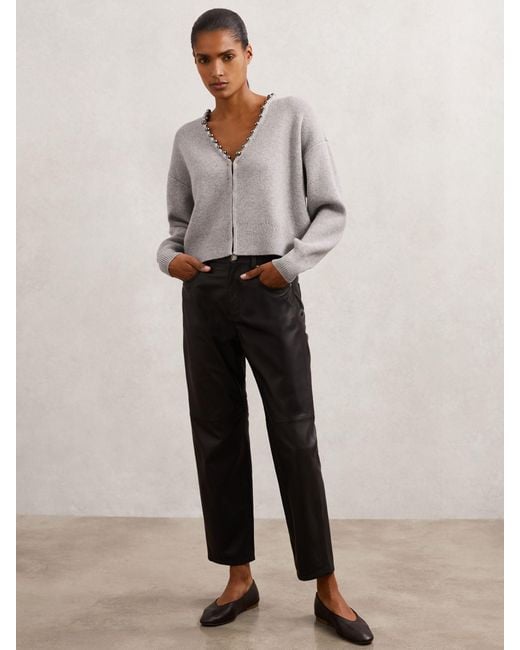 Reiss Gray Wool-Blend Beaded-Trim Cardigan With Cashmere