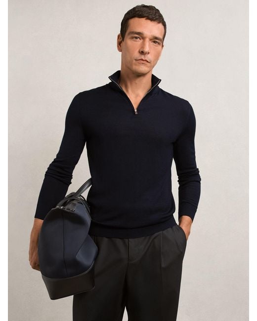 Reiss Black Merino Wool Half-Zip Funnel-Neck Jumper for men