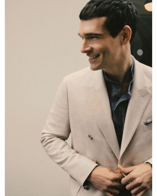 Reiss Natural Double-Breasted Herringbone Blazer Tailored-Fit With Cotton for men