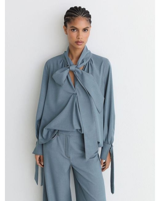 Reiss Blue Denim-Look Tie-Neck Blouse