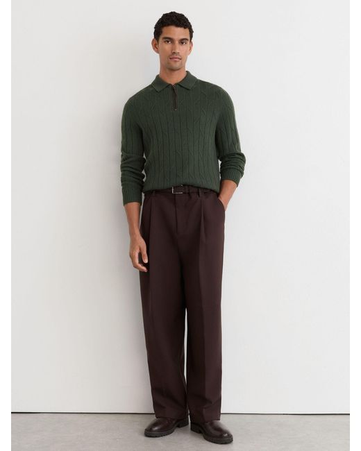 Reiss Green Wool Stitch-Detail Half-Zip Polo Jumper for men